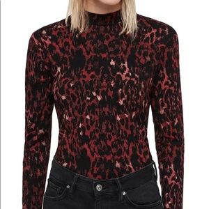 All Saints Red Leopard Fitted Mock Neck